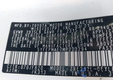 2021 Toyota Corolla Le z USA, uszkodzony, nr VIN 5YFEPMAE7MP223294